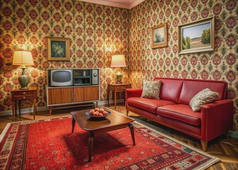 Cozy retro living room with vintage wallpaper, a worn red couch, patterned rug, and an old CRT TV, evoking a nostalgic 60s, 70s, or 80s atmosphere.