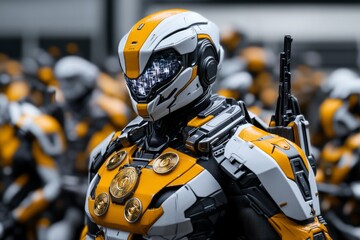 A futuristic parade of soldiers in exosuits, displaying honor medals made of advanced holographic materials