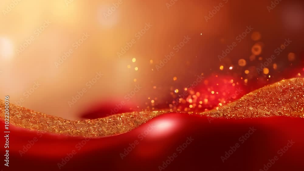 Poster red background with a wave pattern dusted in sparkling gold glitter.