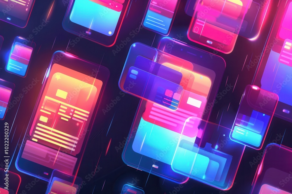 Aufkleber A vibrant array of smartphone screens showcases various engaging short videos and stories, highlighting creative digital content. Generative AI