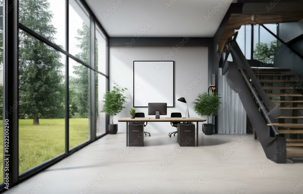 Poster a modern office with a large window overlooking a green lawn. there is a desk with two computers, a 