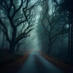 Mysterious forest with glowing mist and ancient trees