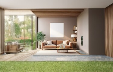 Fototapeta premium Modern living room with a large window, a brown sofa, a coffee table, and a blank canvas.