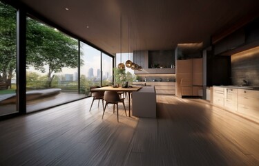 Fototapeta premium Modern kitchen and dining area with large windows overlooking a city skyline and greenery.