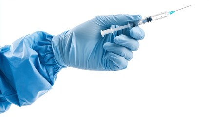 Hand wearing a blue medical glove holding a syringe, symbolizing vaccination and healthcare.