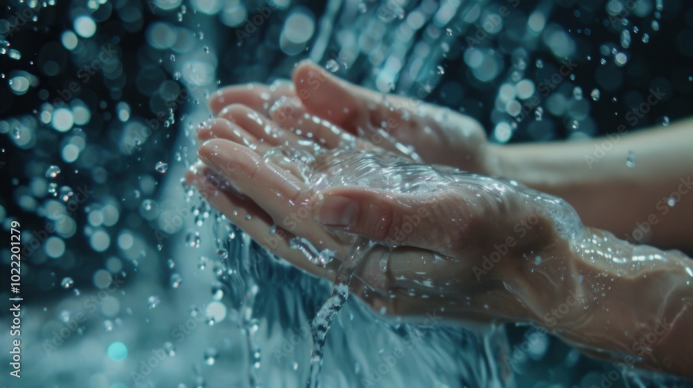 Poster Hands are being cleansed under a flowing stream of water, highlighting the importance of hygiene and proper handwashing techniques. Generative AI