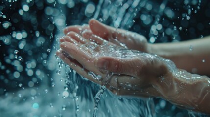 Fototapeta premium Hands are being cleansed under a flowing stream of water, highlighting the importance of hygiene and proper handwashing techniques. Generative AI