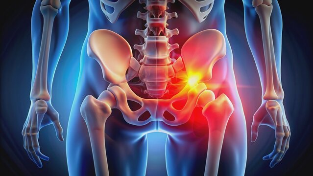 Close-up of a human pelvis bone model with a red glow highlighting the hip joint, conveying a sense of pain and discomfort or inflammation.