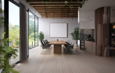 Fototapeta premium A modern dining room with a large window overlooking a green landscape. The room features a long wooden table and chairs. There is a large empty picture frame on the wall.