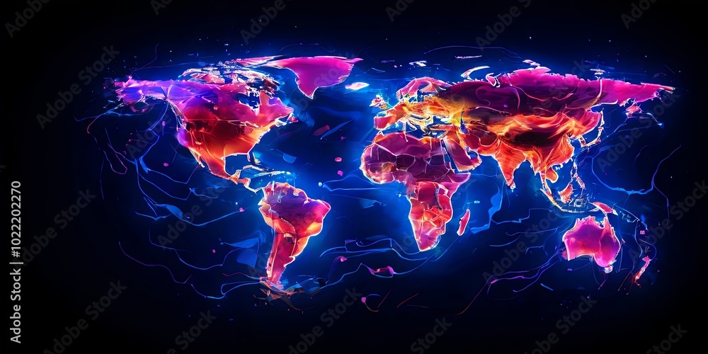 Poster a colorful world map with red and blue dots on it