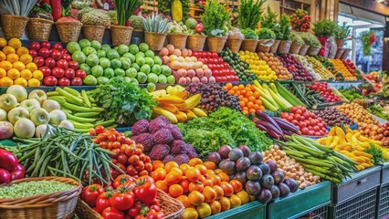 Obraz premium Colorful array of fresh fruits and vegetables on display at a bustling market, with a vibrant signboard highlighting the freshness and variety of the produce available.