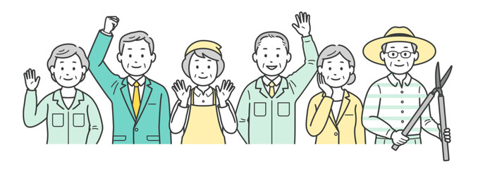 高齢者男女のセカンドライフの仕事いろいろの上半身イラスト