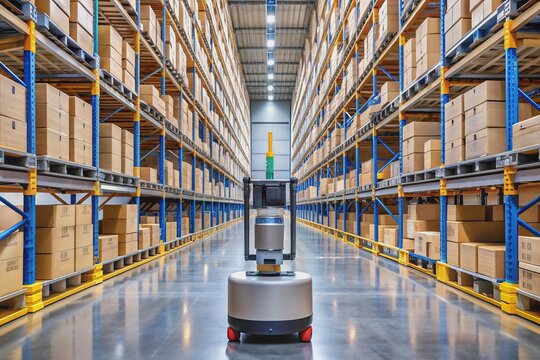 Rugged, high-precision warehouse robot with advanced navigation and grippers efficiently navigates rows of shelves, scanning and retrieving items with autonomous ease and accuracy.