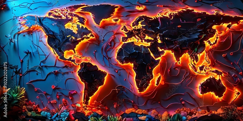 Poster a world map with a fiery red border