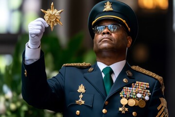 A military officer presenting an award for outstanding service to a dedicated soldier in a formal ceremony