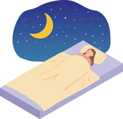 夜間にベッドで就寝する女性のイラスト