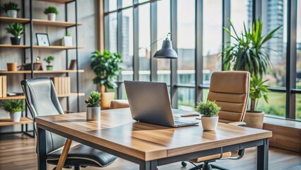 Professional workspace with open laptop computer and empty chair, symbolizing a busy entrepreneur or small business owner working online in a modern office setting.