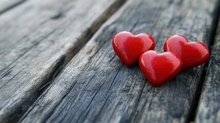 Fototapeta premium Two Small Red Hearts on Rustic Wooden Surface