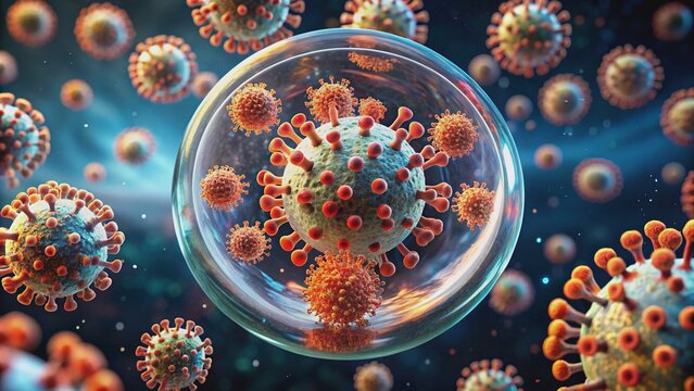 Microscopic view of coronavirus particles multiplying rapidly on a petri dish, symbolizing the rapid spread of a deadly pandemic across the global community.