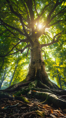 Obraz premium Majestic Tree in Sunlit Forest: A Symbol of Strength, Resilience, and Natural Beauty