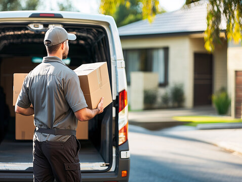 Delivery driver unloading packages from van