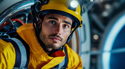 Fototapeta premium focused male diver in bright yellow suit and helmet, equipped with headlamp, prepares for underwater exploration. His expression reflects determination and readiness for adventure ahead