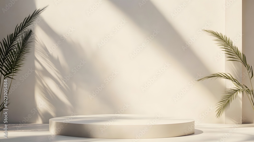Fototapete 1. A minimalist cosmetic background featuring a sleek podium casting soft shadows under gentle sunlight, set against a crisp white backdrop, ideal for product presentation in a 3D rendering