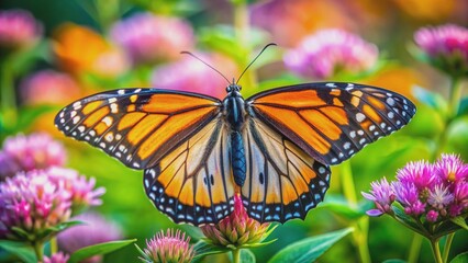 Obraz premium Vibrant butterfly with intricate wings spread wide, gently lands on a soft, pastel-hued flower, surrounded by lush green foliage in a serene natural setting.