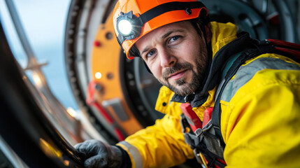 Obraz premium focused worker in bright yellow waterproof jacket and helmet, equipped with headlamp, prepares for task in marine environment, showcasing determination and professionalism
