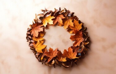 A wreath of autumn leaves arranged in a circle on a beige background.