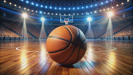 Solo basketball rests at center court, surrounded by vibrant floor markings and gleaming hardwood, under bright arena lights, awaiting the next intense competition.