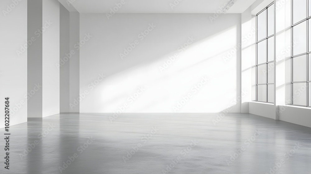 Poster 5. a refined scene of a white building with a minimal design, set in an empty wide space with a poli