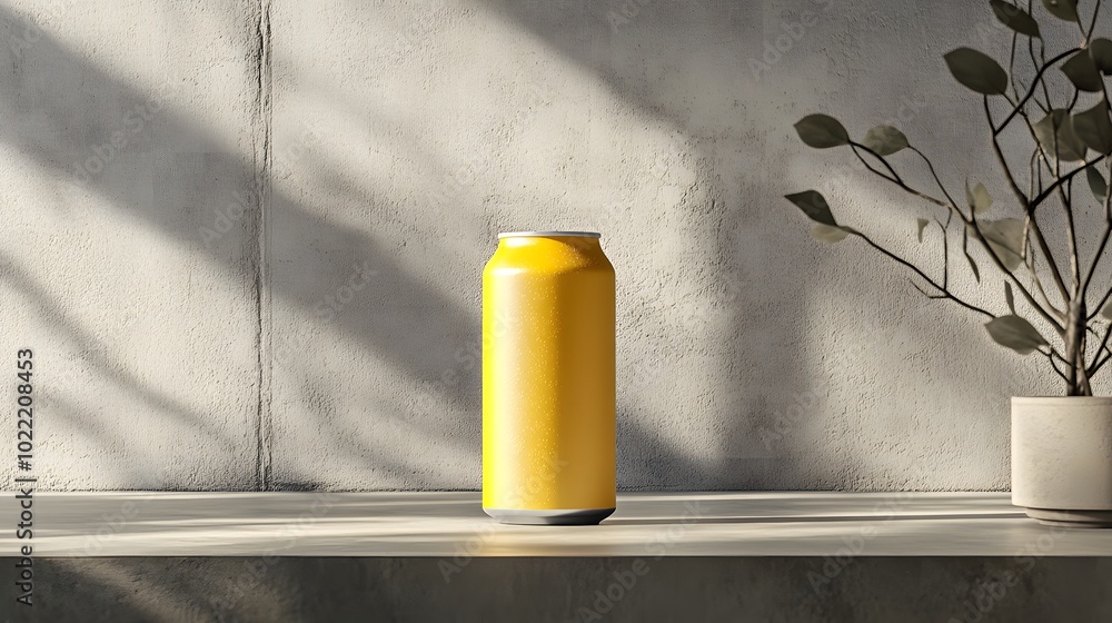 Poster 2. a sleek 3d rendering of a beer can on a minimalist surface, showcasing its shape and texture, wit