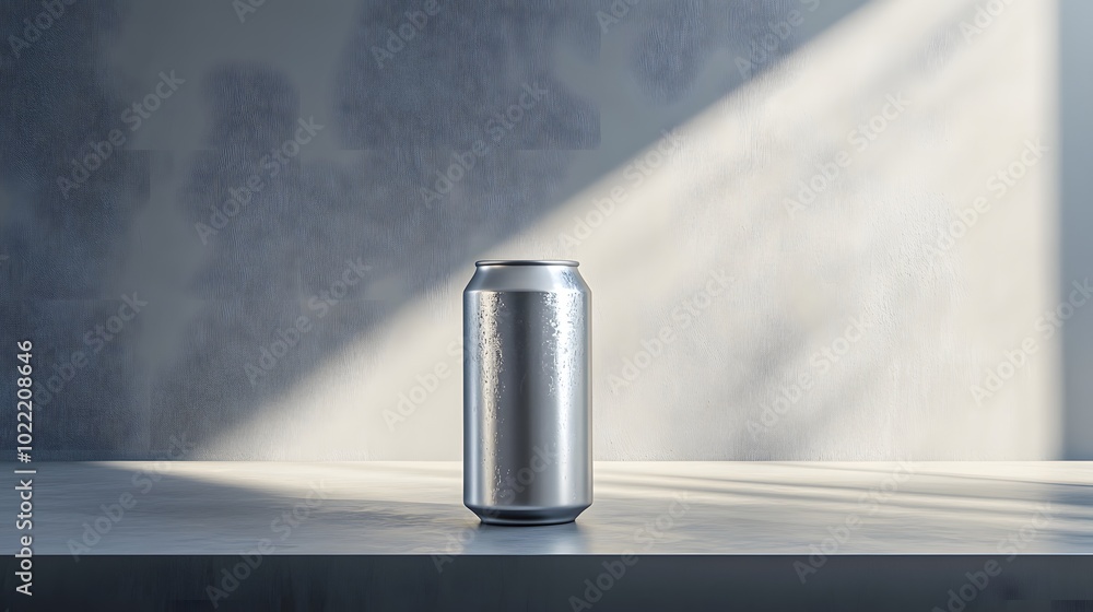 Poster 2. a sleek 3d rendering of a beer can on a minimalist surface, showcasing its shape and texture, wit