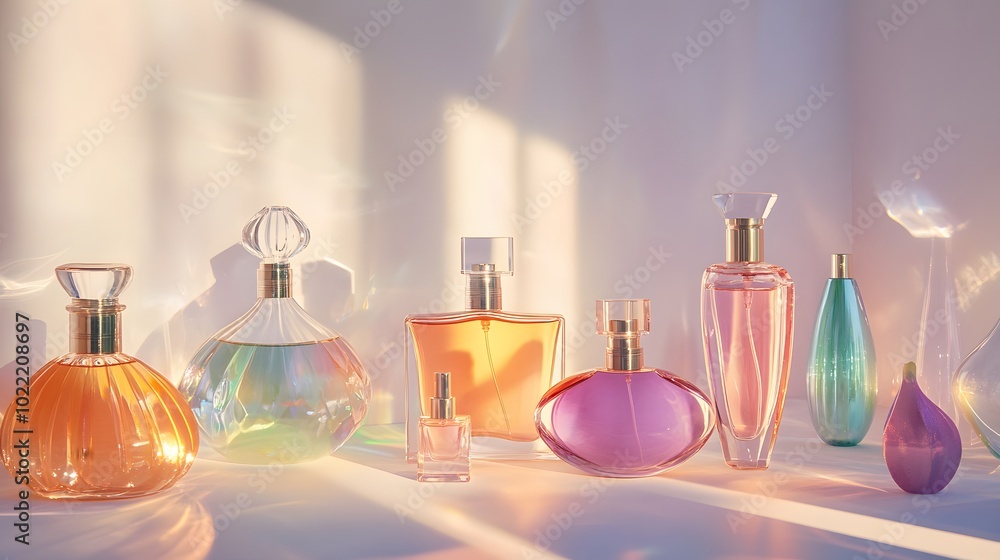 Poster 4. a captivating still life scene featuring an array of transparent glass perfume bottles in various