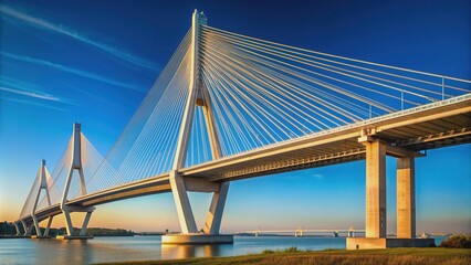 Obraz premium Support element of a high cable-stayed bridge with steel pylons. Backlight. Clear blue sky.