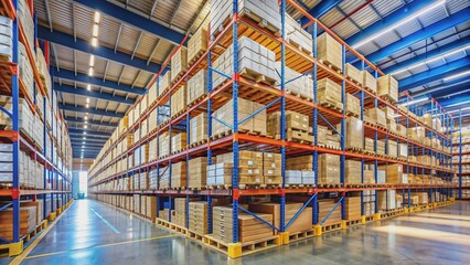 Neatly stacked boxes on pallet racks in a large warehouse, with rows of shelves extending into the background, showcasing organized inventory storage and management.