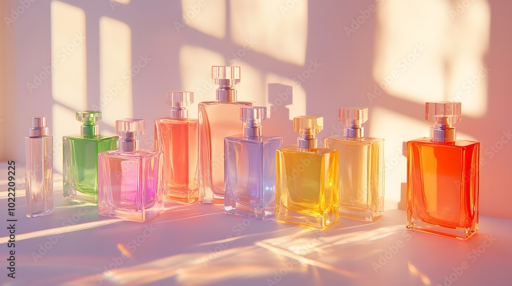 Poster 4. a captivating still life scene featuring an array of transparent glass perfume bottles in various