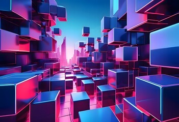 Futuristic Neon Cubes in Urban Landscape