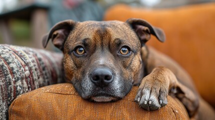 Obraz premium A relaxed dog resting on an orange cushion with a thoughtful gaze.
