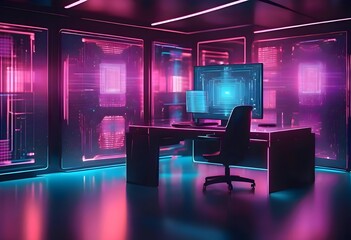 Futuristic Neon Office with Glowing Ambiance