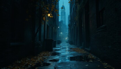 Dark and Narrow Alleyway in City with Wet Streets and Glowing Streetlights