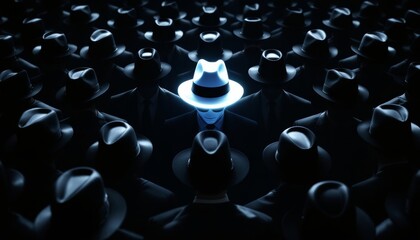 Individual in Bright White Hat Standing Out Among Dark Clad Crowd white rose hacker
