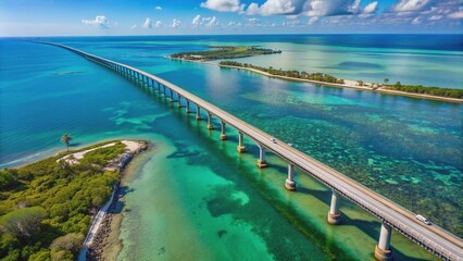 Aerial view of Seven Miles Bridge, Florida Keys, showing a serene blue ocean, white sandy coastline, and a stretch of highway connecting the islands.