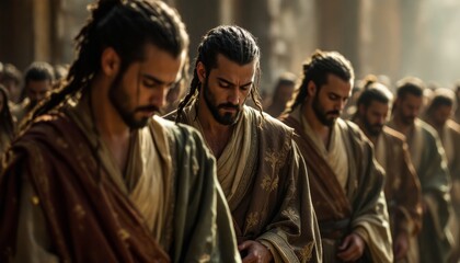 Naklejka premium Group of Men in Traditional Robes Engaged in Deep Reflection in Historical Setting 