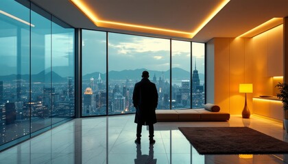 Fototapeta premium Man Overlooking Modern Cityscape from Luxurious Penthouse with Panoramic Windows