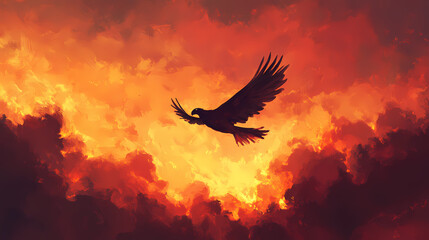 Fototapeta premium Illustration of a phoenix soaring against a backdrop of a dramatic sunset sky behind the mythical creature. Phoenix in Flames. Illustration