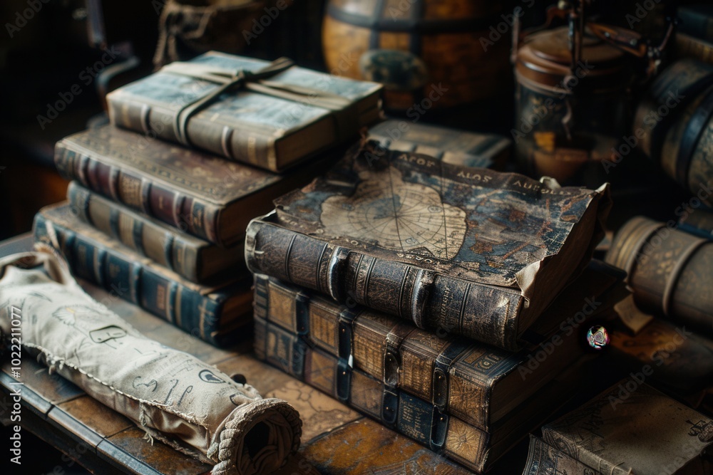 Poster a collection of ancient books and scrolls rests on a wooden table, presenting unique designs and his