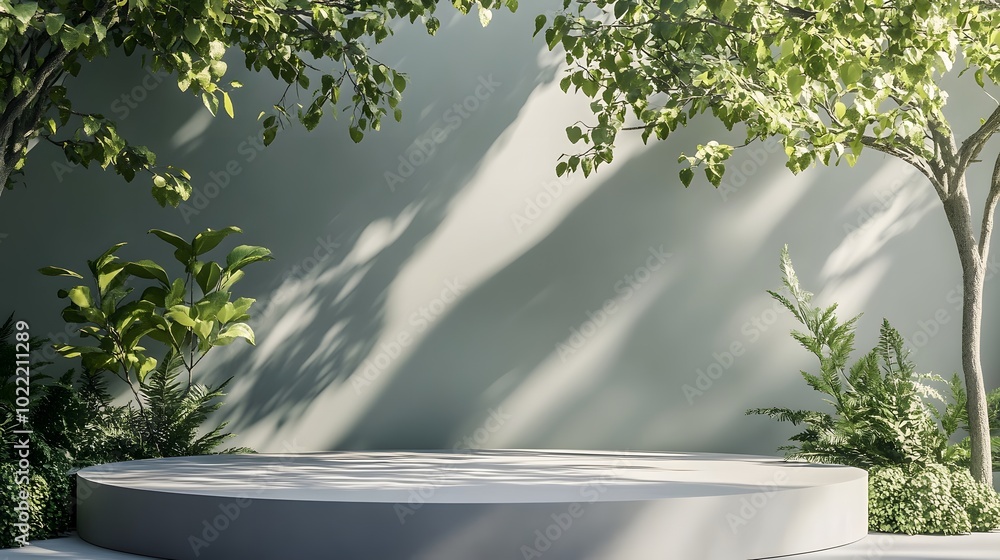 Poster 4. a stylish round stage podium design featuring an overhead view of greenery and a tree, creating a