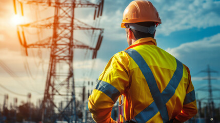 construction worker in safety helmet and reflective vest stands in front of power lines, observing infrastructure with thoughtful expression
